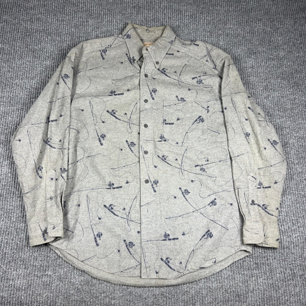 Woolrich Shirt Men's M Gray Fishing Pole Print Flannel Button Down Made in USA